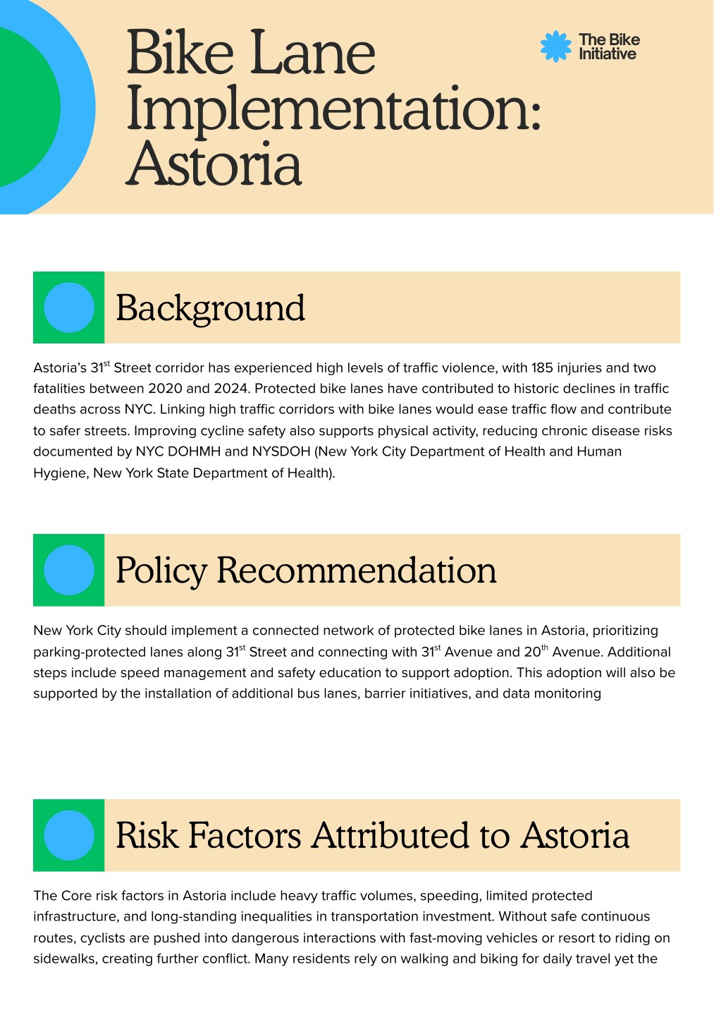 Bike Lane Implementation: Astoria — one-page policy brief for The Bike Initiative