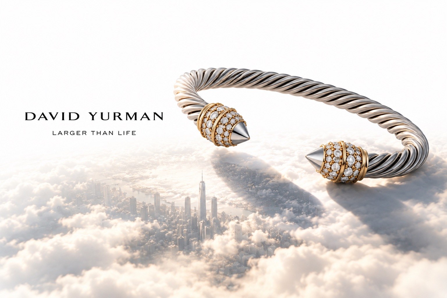David Yurman cable bracelet floating above New York City through the clouds